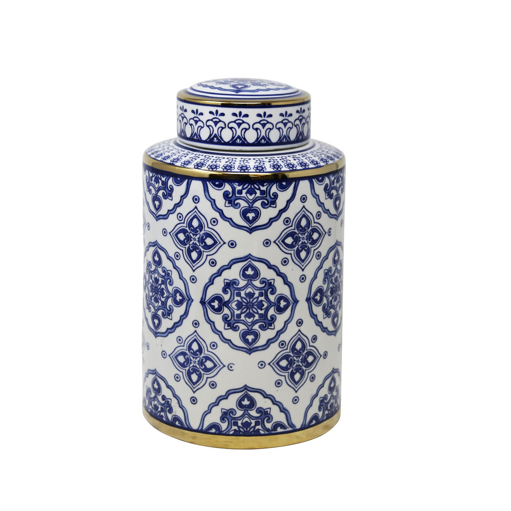White/Blue Jar W/ Gold Detail, 12"