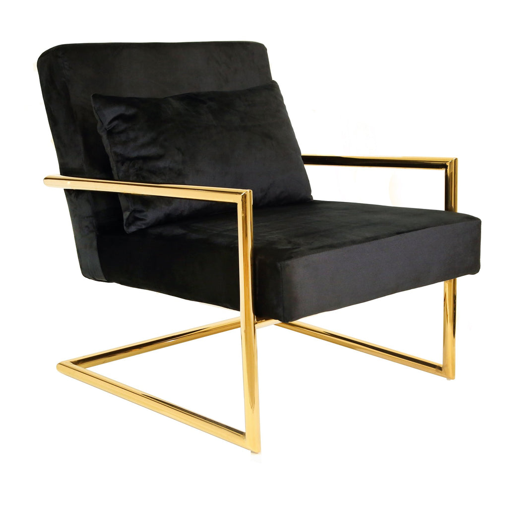 Metal/Velveteen Arm Chair W/Pillow, Black/Gold