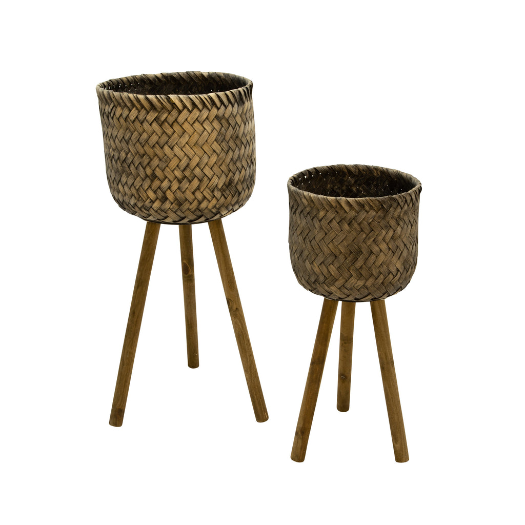 S/2 Bamboo Planters On Stands,Black Wash