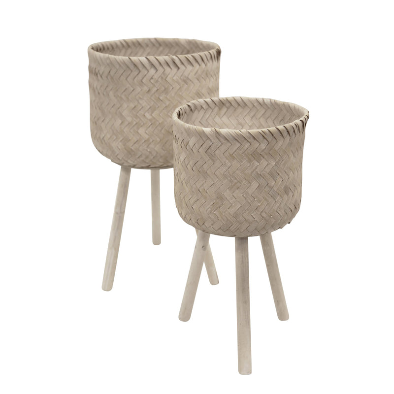 S/2 Bamboo Planters On Stand,Whitewash