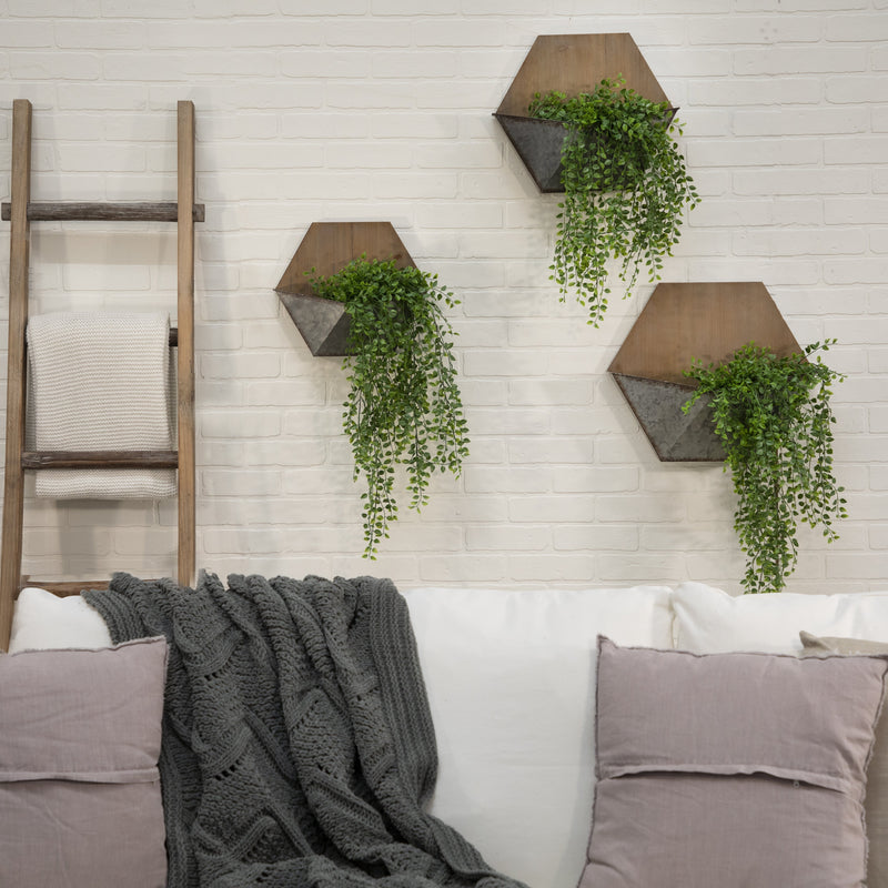 S/3 Wood/Silver Wall Planters