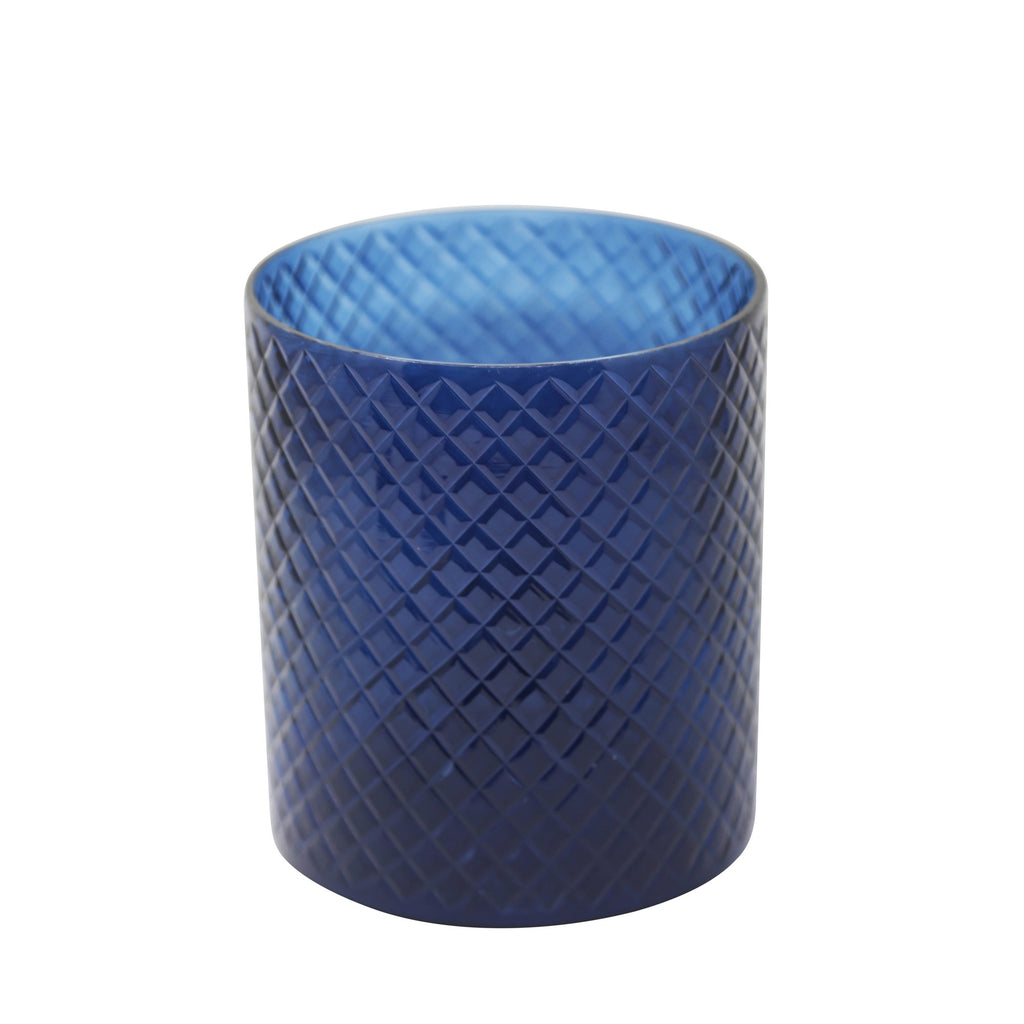 7" Cut Glass Candle Holder, Blue