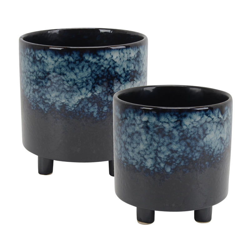 S/2 Ceramic Footed Planters 9"/6",Blue
