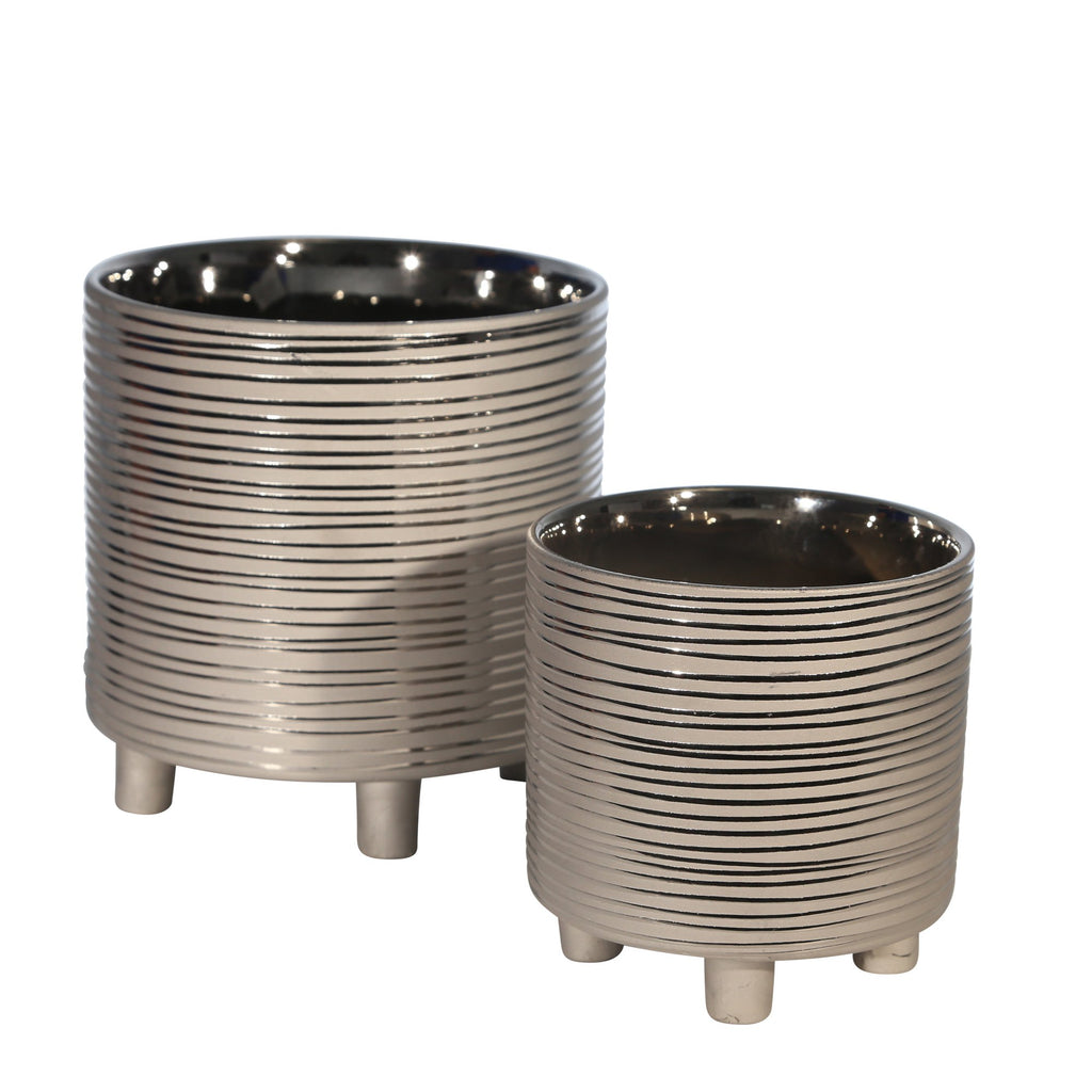 S/2 Footed Planters 9/6", Stripes, Silver