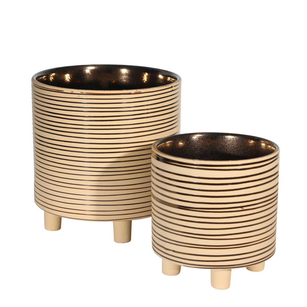 S/2 Footed Planters 9/6", Stripes, Gold