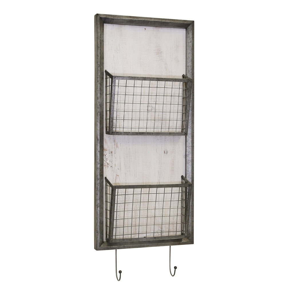 Metal 2 Tier Wall Basket W/Hooks, Gray