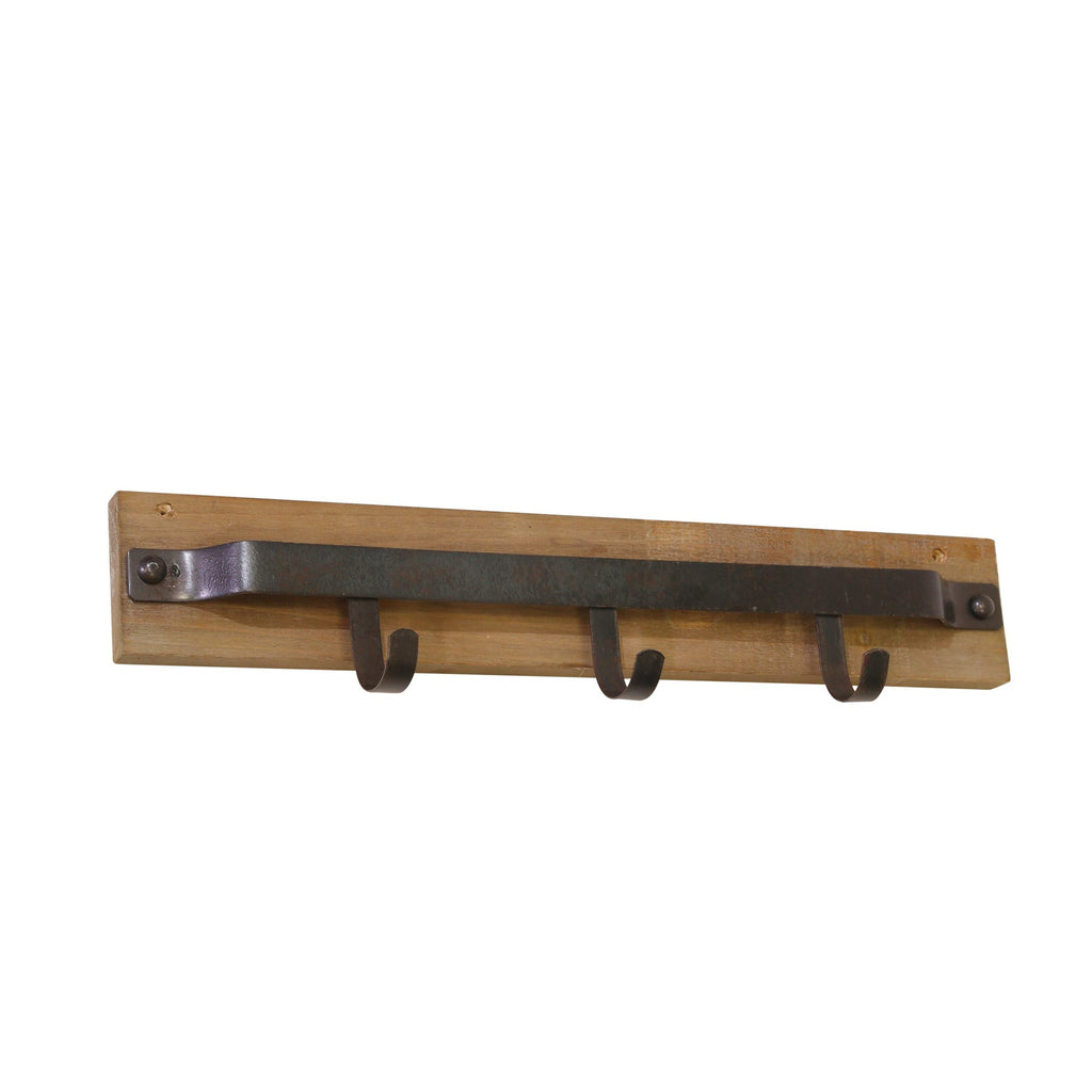 Metal & Wood 3 Hook Wall Hanger, Brown