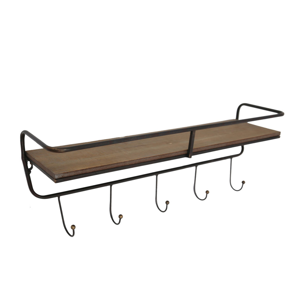 Metal/ Wood, 24.25" 5  Hook Wall Shelf/ Brown