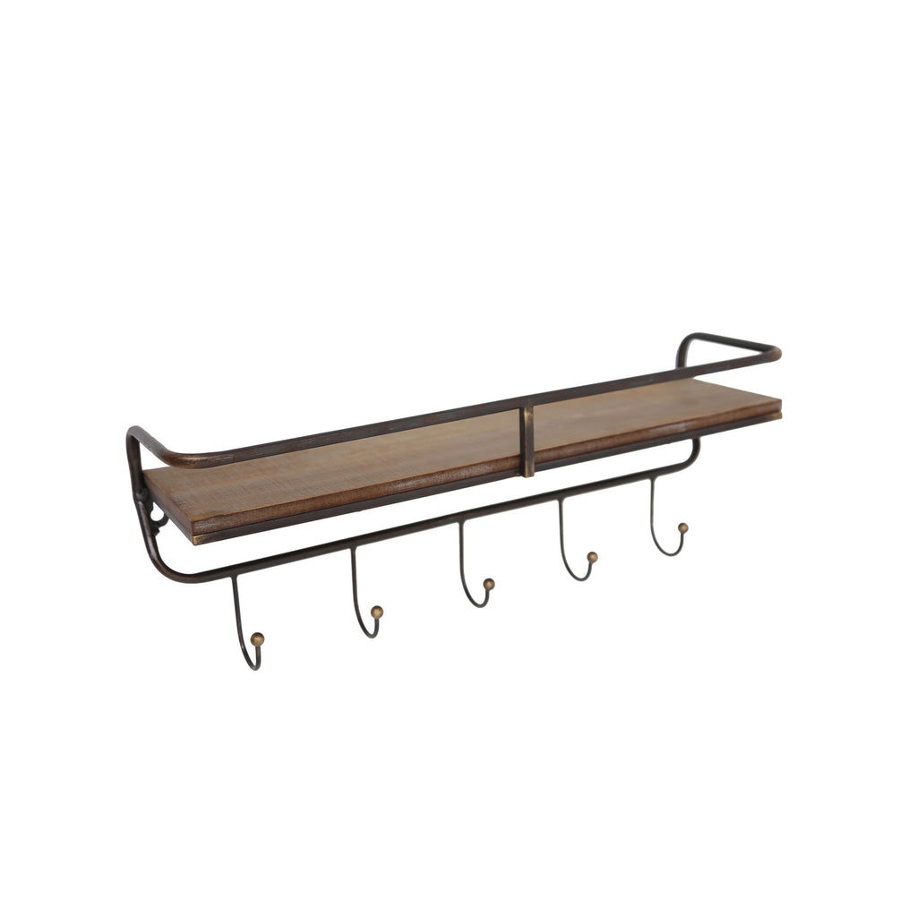 Metal/ Wood, 19.5" 5  Hook Wall Shelf/ Brown