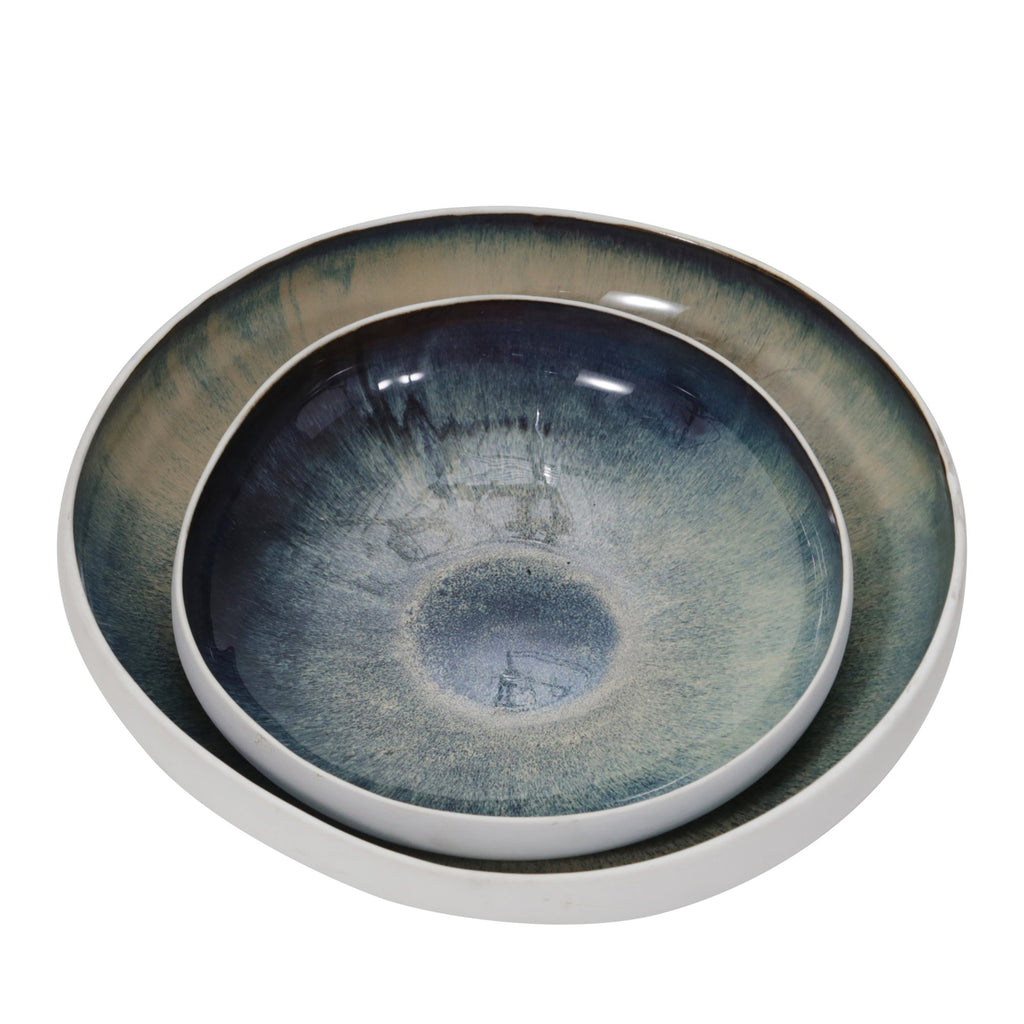S/2 Ceramic Bowls 12/15", White/Green