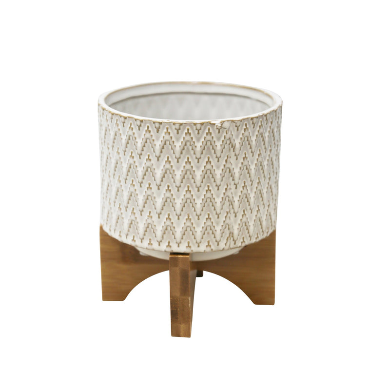 Ceramic 7" Planter On Stand, White/Tan