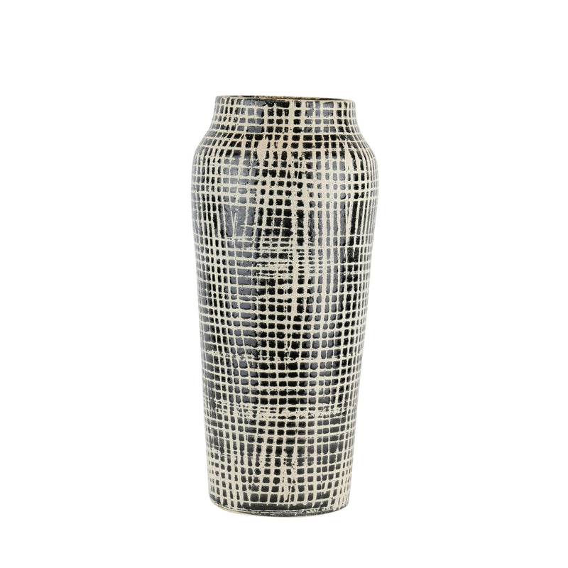 Ceramic Vase, 15.5" Black/Beige Mesh Design