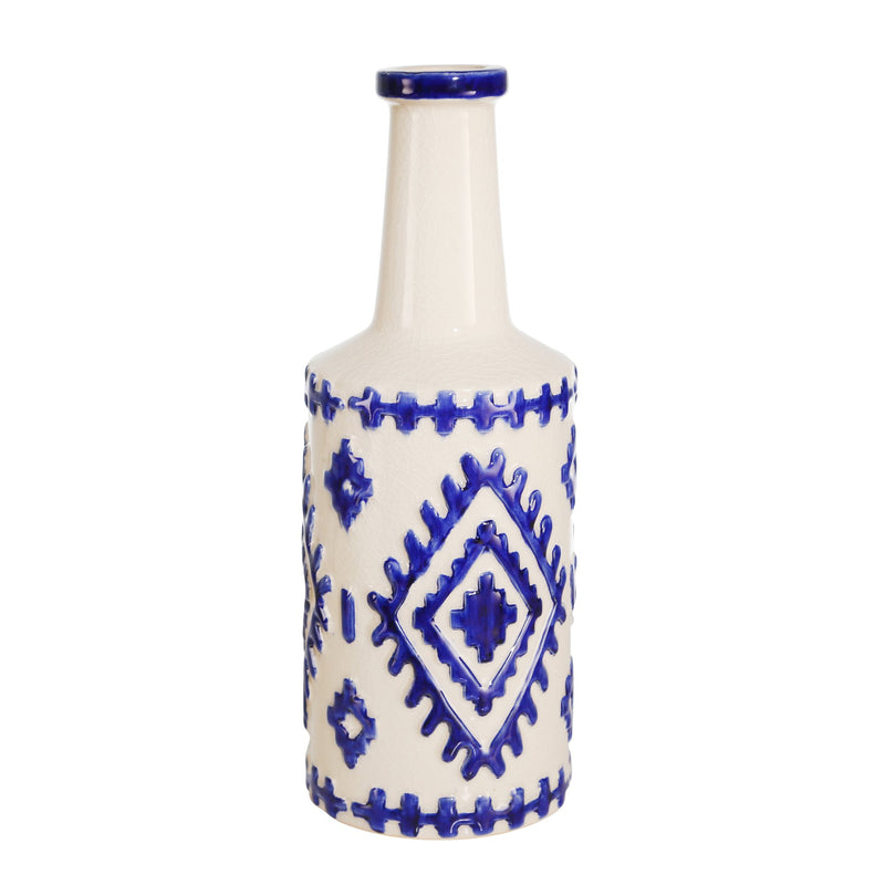 Ceramic Bottle Vase, 14.5" White/Blue