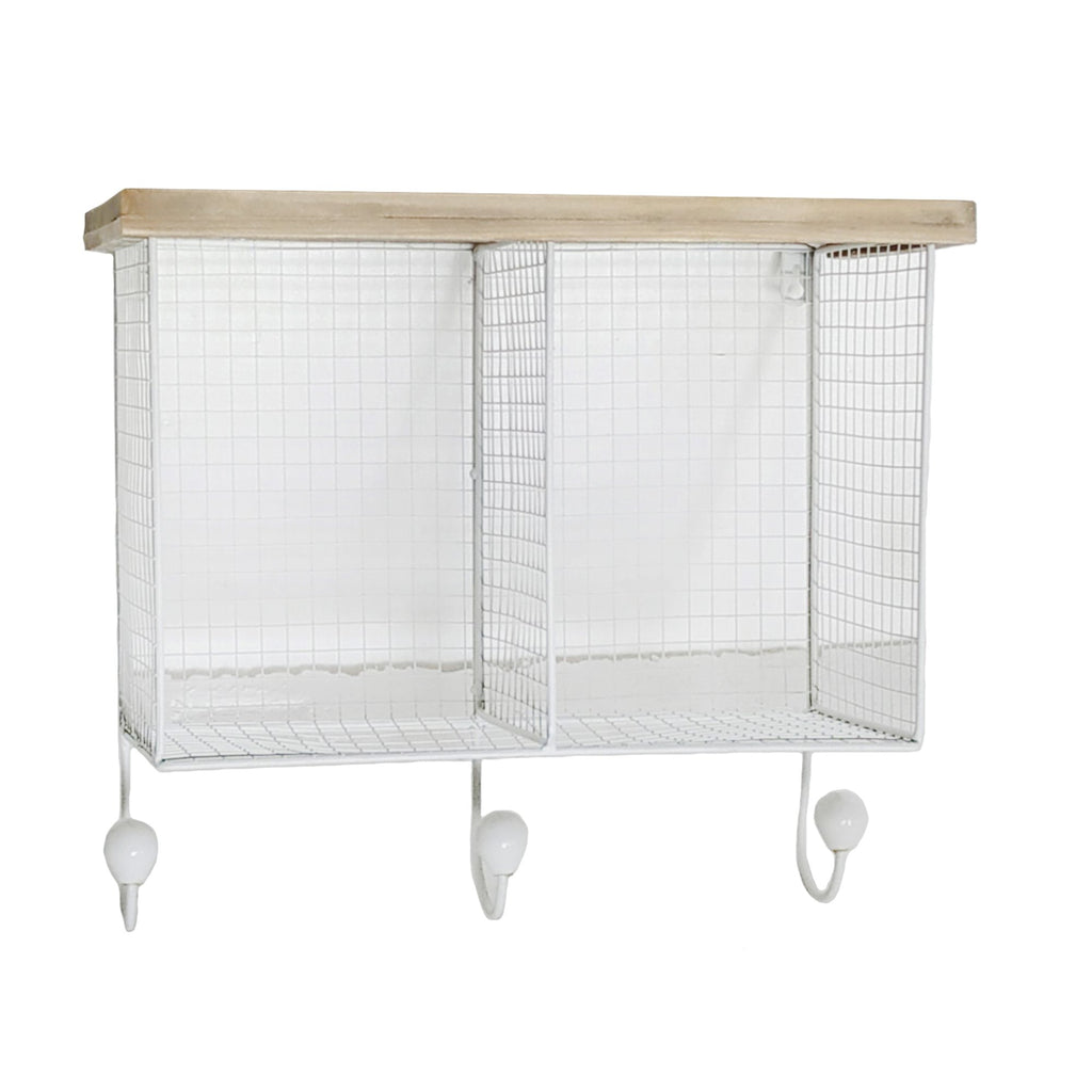 Wire & Wood Wall Shelf With 3Hooks, White