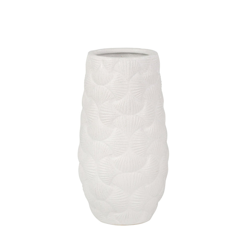 Ceramic 12.5" Shell Embossed Vase, Matte White