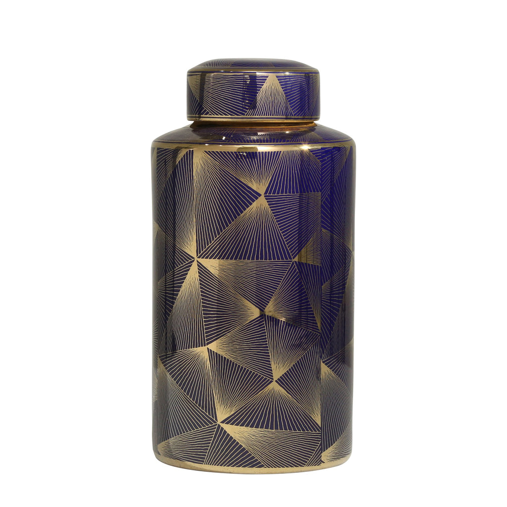 Ceramic 16" Covered Jar, Navy/Gold