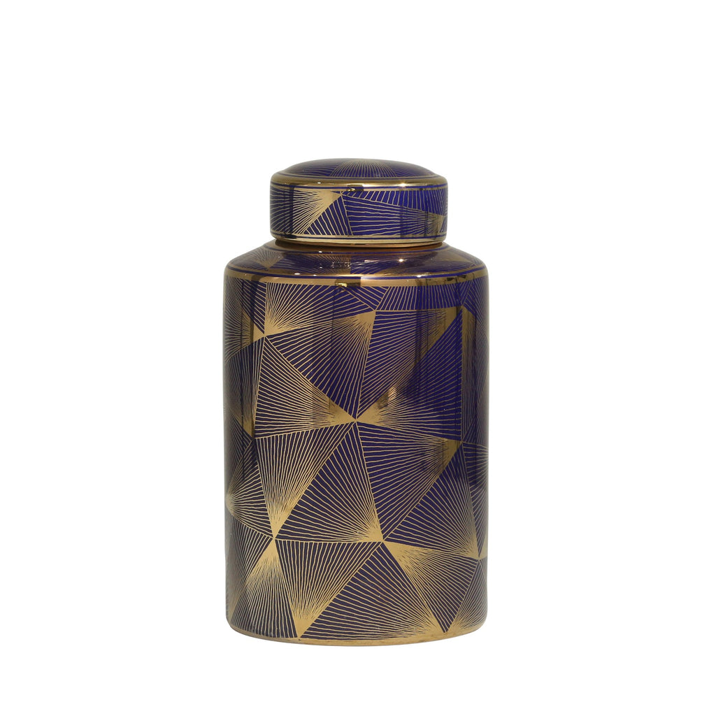 Ceramic 12" Covered Jar,  Navyblue/Gold