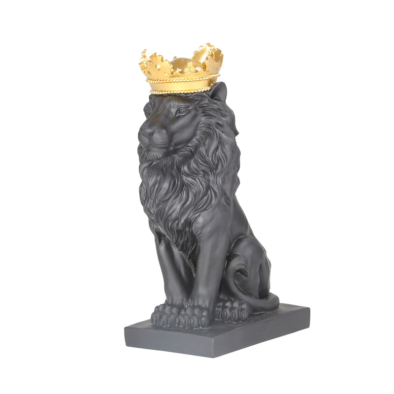 Polyresin 14" Lion Figurine W/Crown, Black