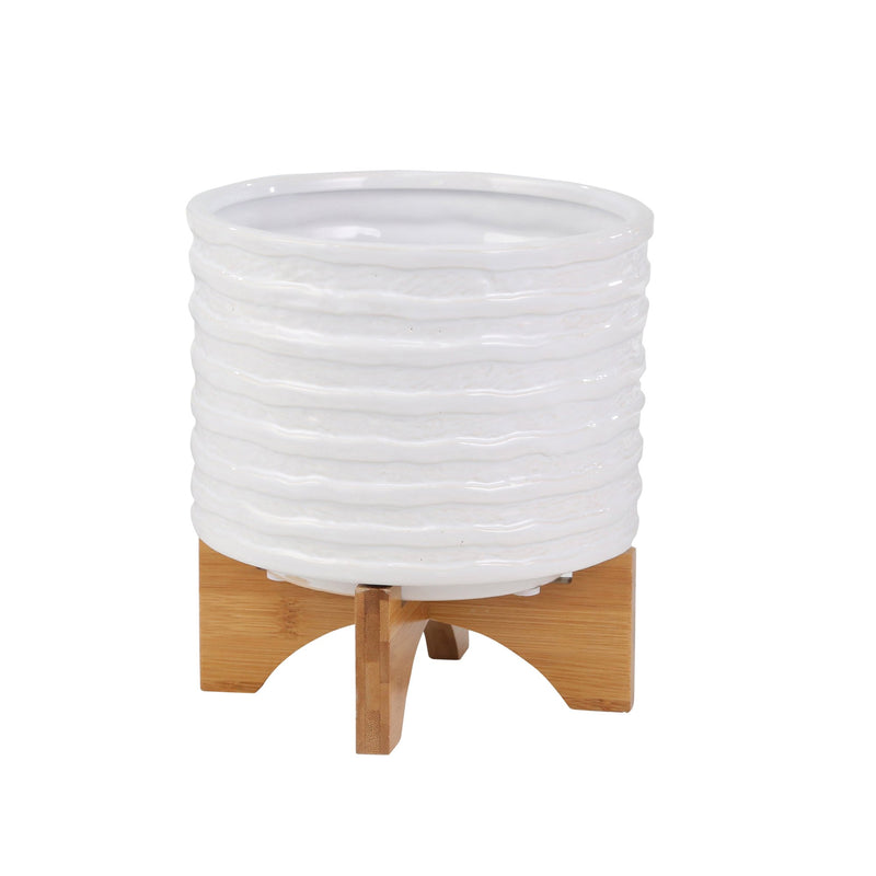 Ceramic 9" Planter On Stand, White Stripe