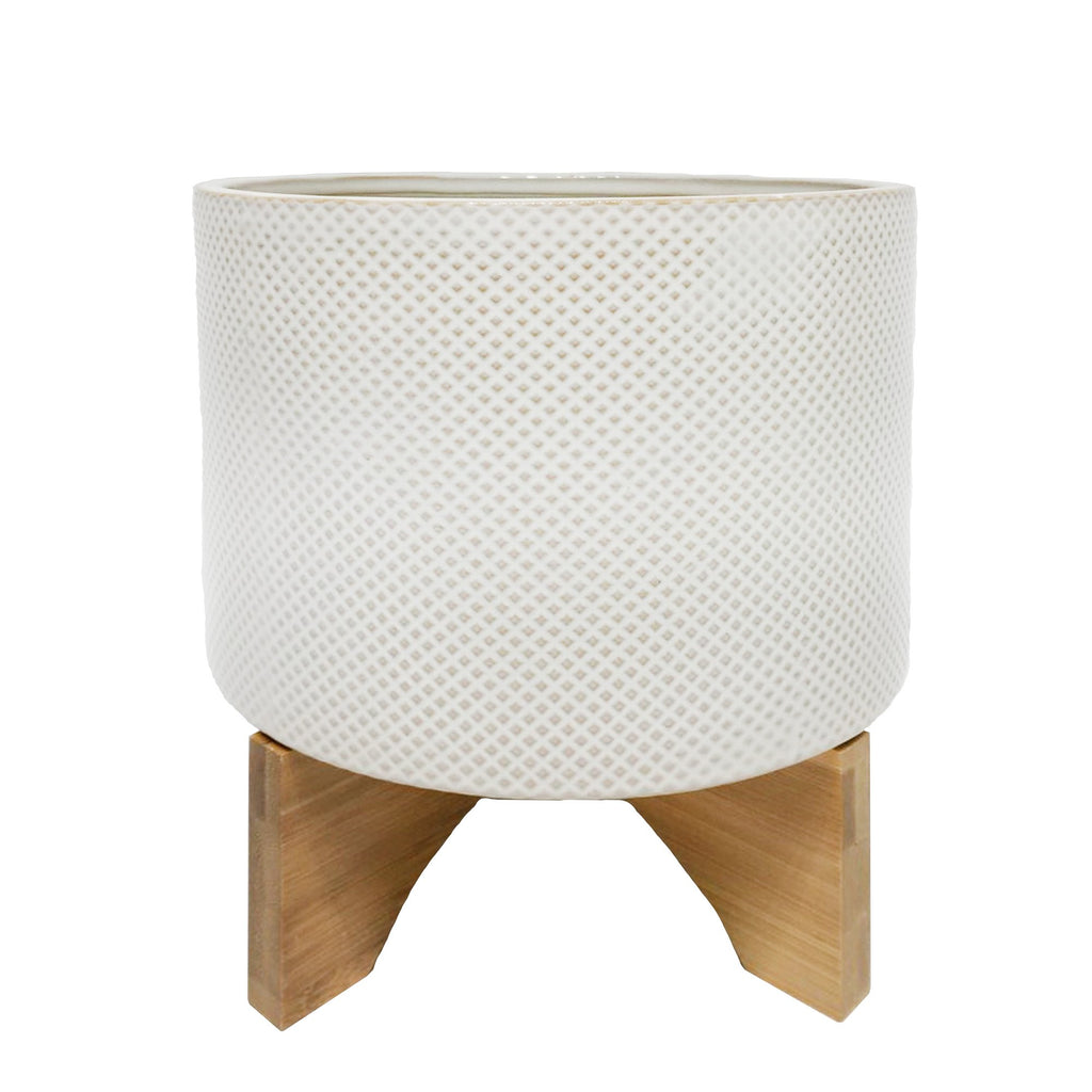 Ceramic 12" Planter On Stand,White / Tan Dot