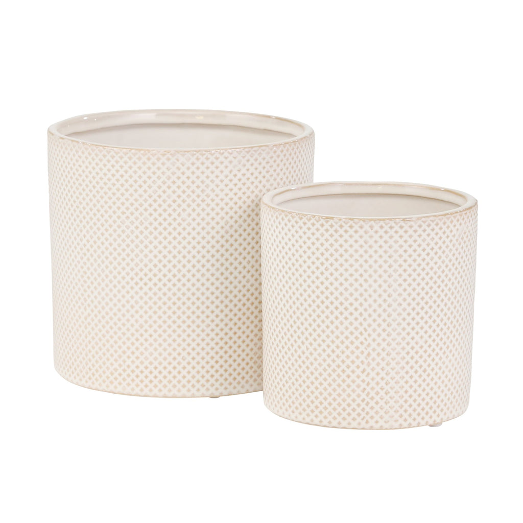 S/2 Ceramic 7/5" Planters, White/Tan Dot