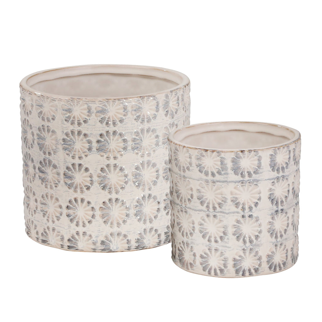 S/2 Ceramic 7/5" Planters, White/Gray