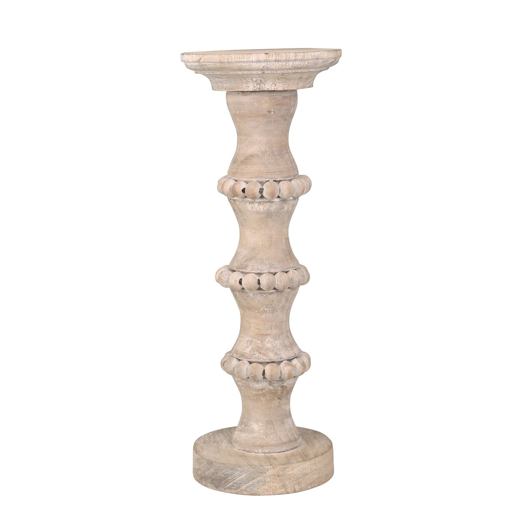 Wooden 15" Banded Bead Candle Holder, Distressed Ivory
