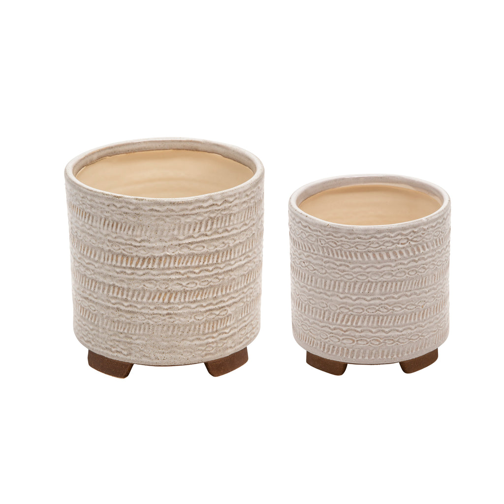 S/2 Ceramic Tribal Look 8/7" Planters, Ivory