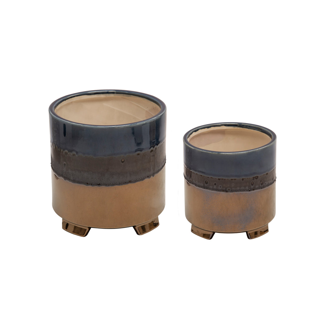 S/2 Ceramic 8/6.5" Footed Planter, Metallic Blue
