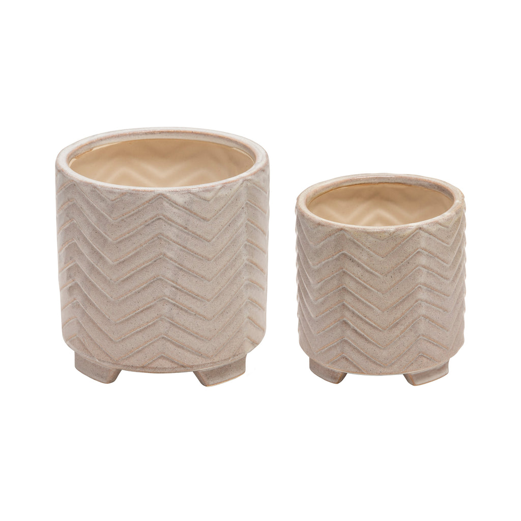S/2 Ceramic 8/6.5" Chevron Footed Planter, White