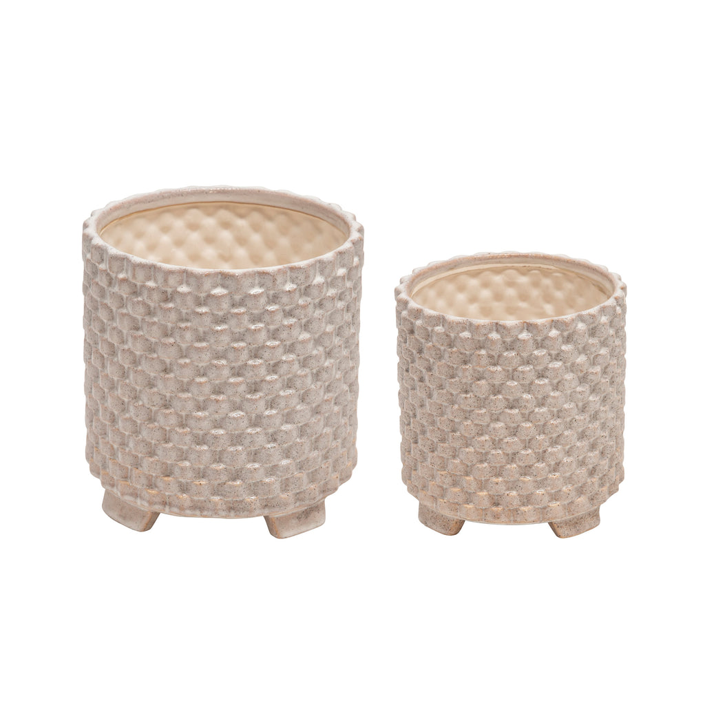 S/2 Ceramic 8/6.5" Textured Footed Planter, White