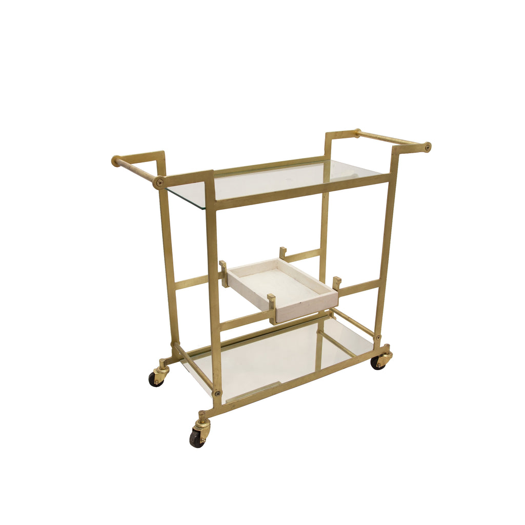 Metal 34" Bar Cart W/Mirrored Shelves, Gold. Kd