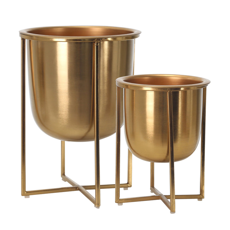 S/2 Metal Planters On Stand 13/10"H, Gold