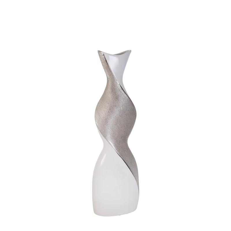 Ceramic 20" Twist Vase, White/Silver