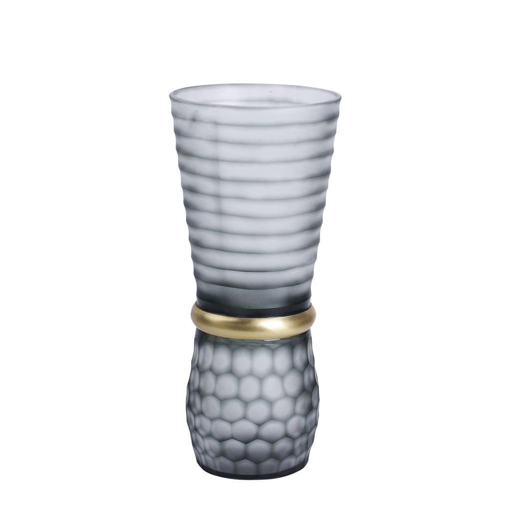 Glass 14" Vase W/ Gold Band, Gray