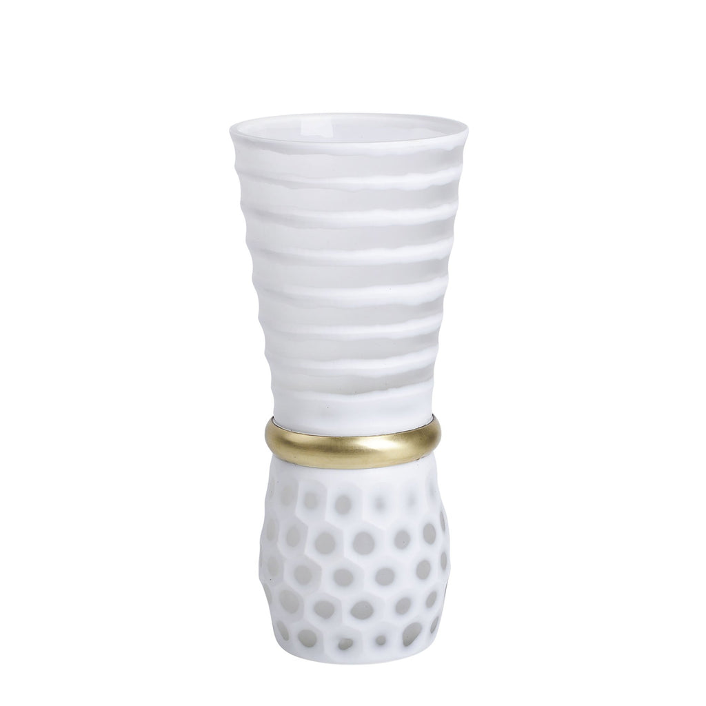 Glass 14" Vase W/ Gold Band, White