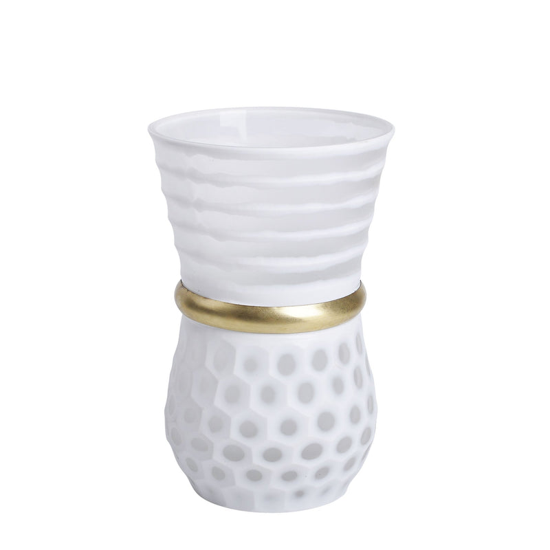 Glass 11" Vase W/ Gold Band, White
