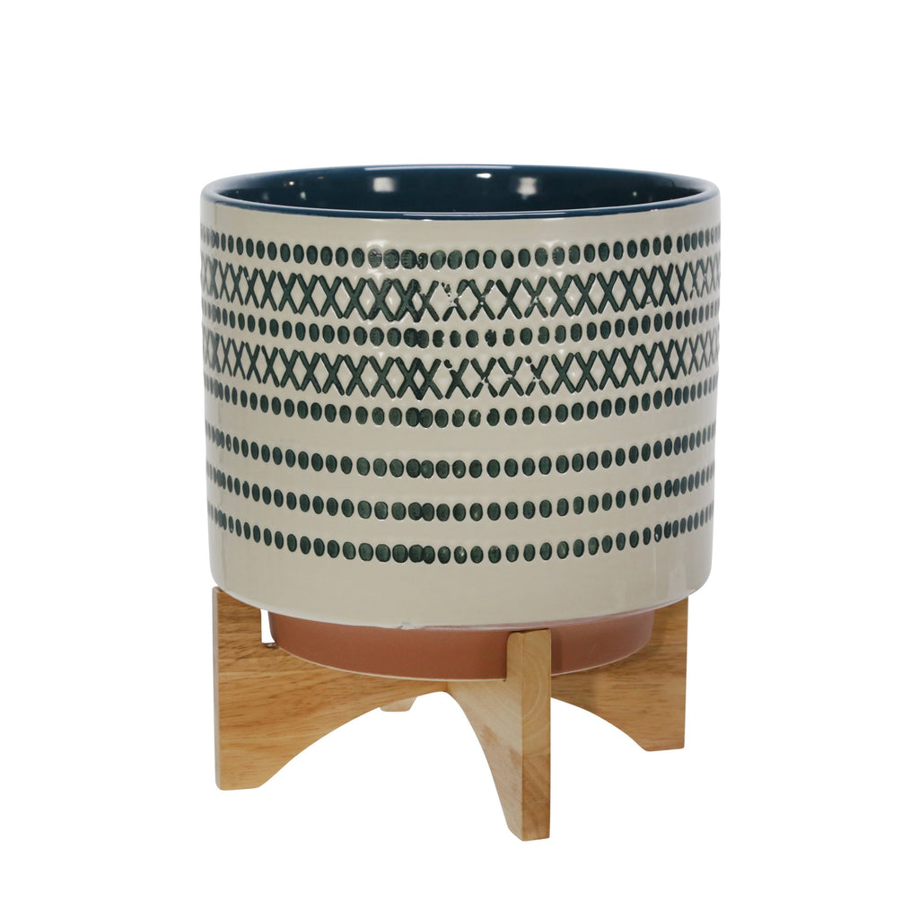 Ceramic 11.5" Planter On Standw/ Dots, Blue