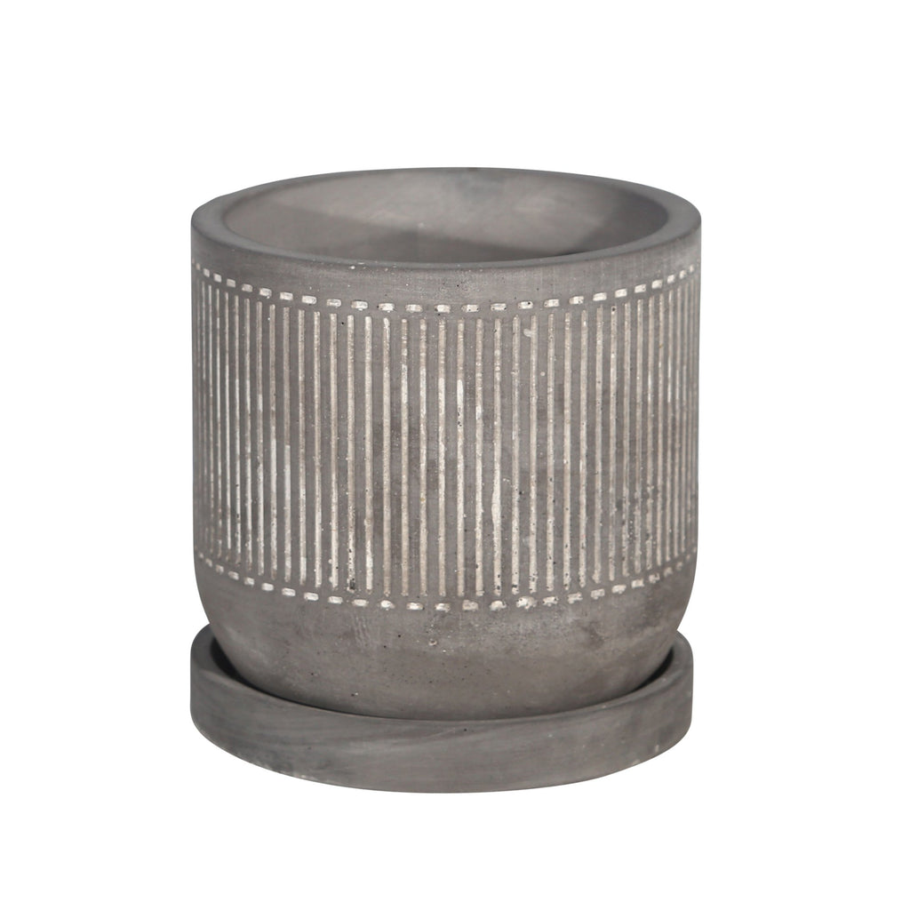 6" Line  Pattern Planter W/ Saucer, Gray