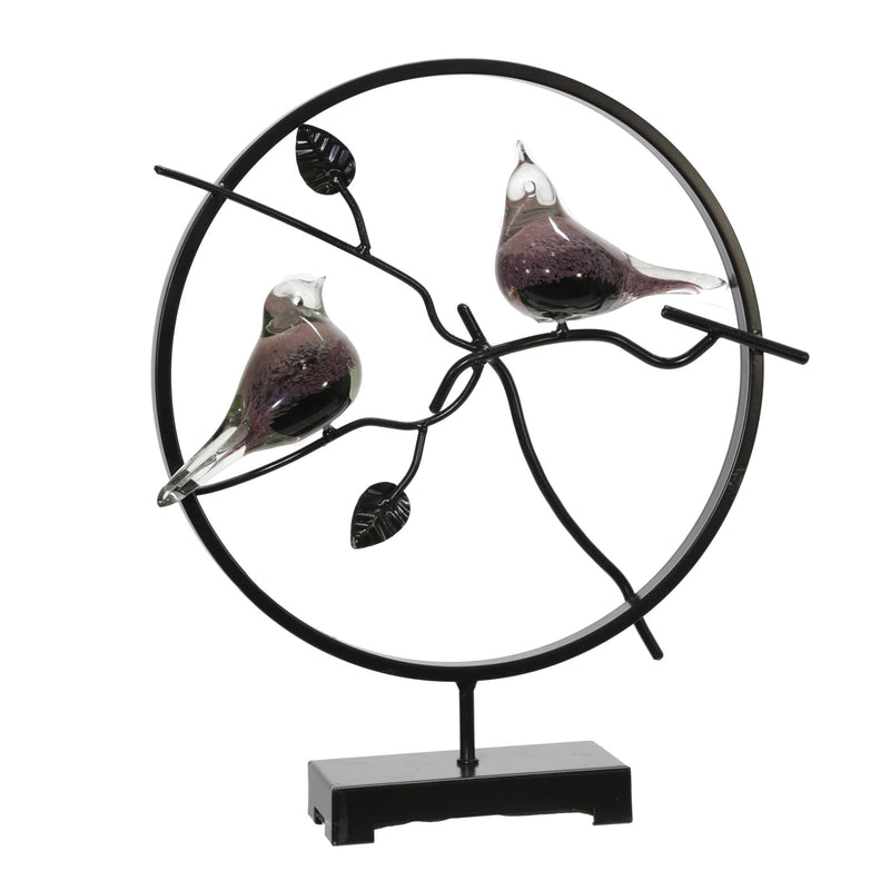 Glass 19" 2-Birds On Metal Stand, Pink