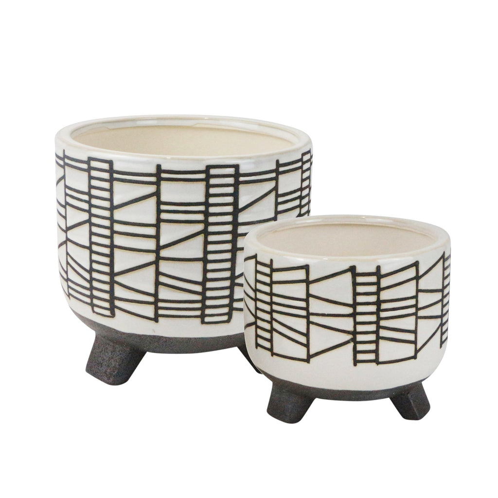 S/2 Ceramic 8/6" Geo Footed Planter, White