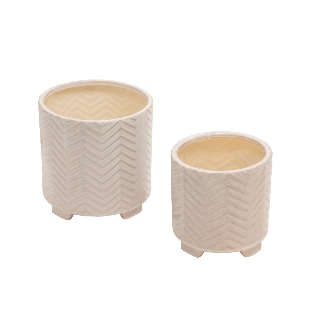 S/2 Ceramic 8/10" Chevron Footed Planter, White
