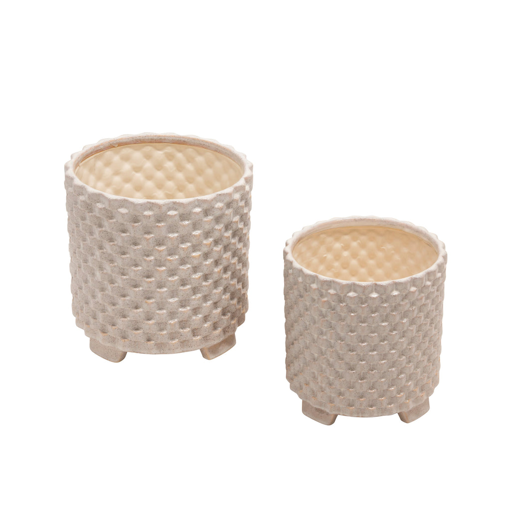 S/2 Ceramic 8/10" Textured Footed Planter, White