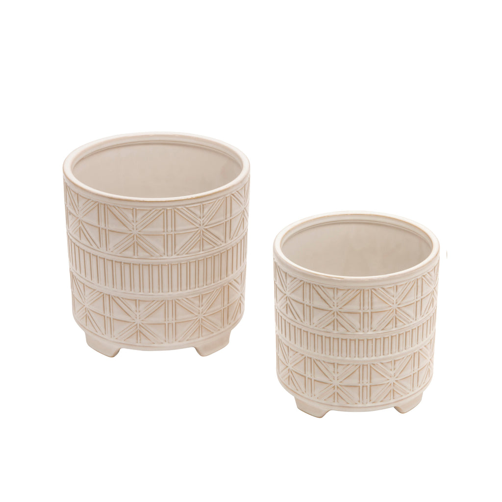 S/2 Ceramic 8/10" Abstract Footed Planter, White