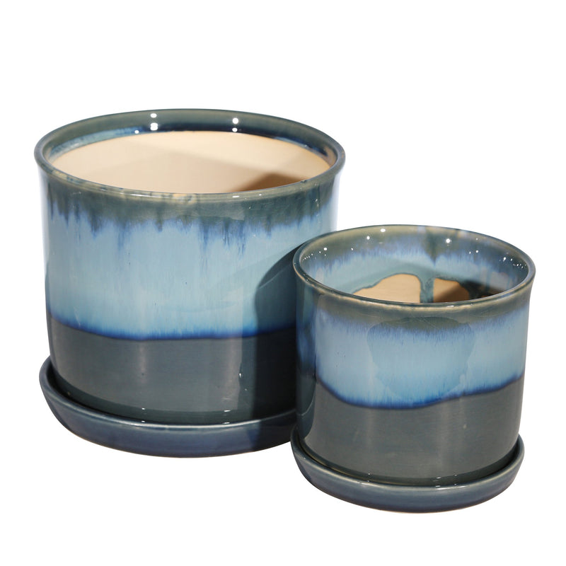 S/2 Ceramic 8/6" Planter W/ Saucer, Blue