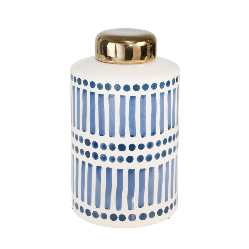 Ceramic 9.5" Jar With Gold Lid, Blue