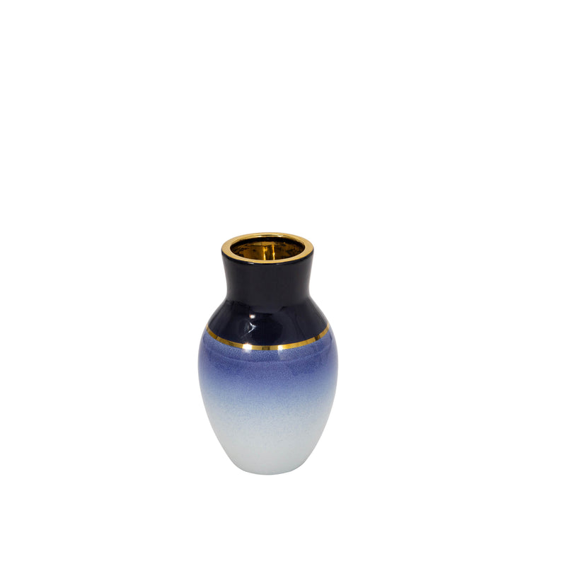 Ceramic 10" Vase W/ Gold Trim,Blue/White