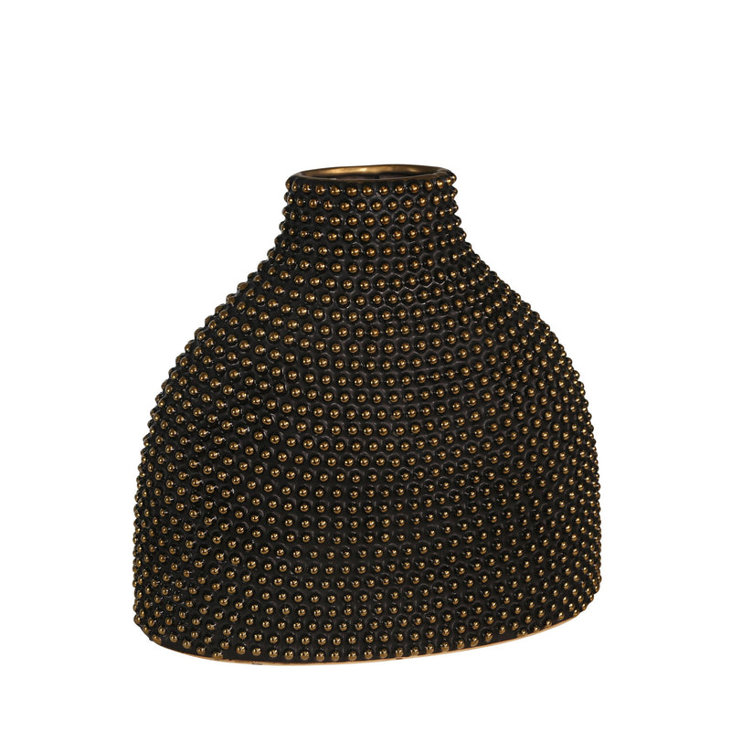Ceramic 14" Beaded Vase, Black/Gold