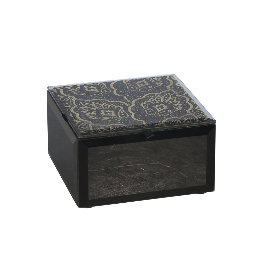 Wood / Glass 5X5" Leaf Designjewelry Box, Black