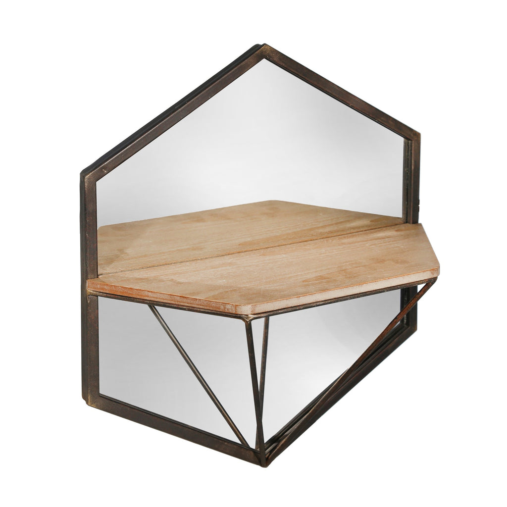 S/2 Metal /Wood Wall Shelf W/ Mirror, Brown